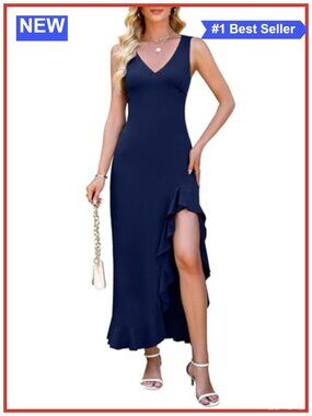 Sexy V Neck Sleeveless Maxi Dress High Slit Bodycon Cocktail Party
